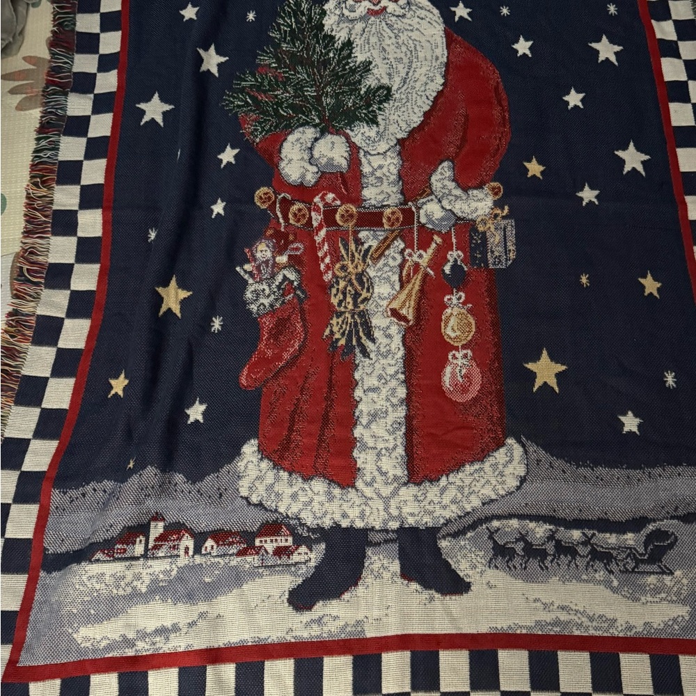 Festive Santa Claus Tapestry Blanket vintage . Made in USA